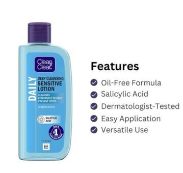 DESCRIPTION Clean & Clear Deep Cleansing Oil Fighting Formula Sensitive Lotion 200ml is specially designed to deeply cleanse and refresh sensitive skin while helping to control excess oil. This gentle yet effective formula removes dirt, impurities, and makeup without over-drying, making it ideal for daily use. Infused with oil-fighting ingredients, it helps to prevent breakouts and leaves skin feeling clean, balanced, and refreshed. Dermatologically tested for sensitive skin, this lightweight lotion provides a soothing cleansing experience while maintaining the skin’s natural moisture balance. Its non-greasy, fast-absorbing formula ensures a fresh, shine-free finish, making it perfect for those with oily or combination skin types. Keep Shopping From Vitapoint BENEFITS Deeply cleanses while controlling excess oil Gentle formula suitable for sensitive skin Removes dirt, impurities, and makeup effectively Helps prevent breakouts and keeps skin clear Non-greasy and fast-absorbing for a shine-free finish DIRECTIONS Apply to a cotton pad and gently wipe over the face and neck. Use daily for best results. Avoid the eye area. WARNINGS For external use only. Avoid contact with eyes. If contact occurs, rinse immediately with water. Discontinue use if irritation occurs. Keep out of reach of children.