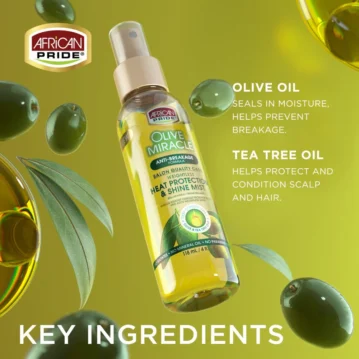 AFRICAN PRIDE OLIVE MIRACLE HEAT PROTECTANT & SHINE MIST, 4FL OZ