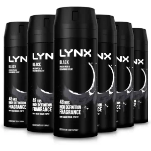 Lynx Deodorant Body Spray Black 150mlX6 PACK