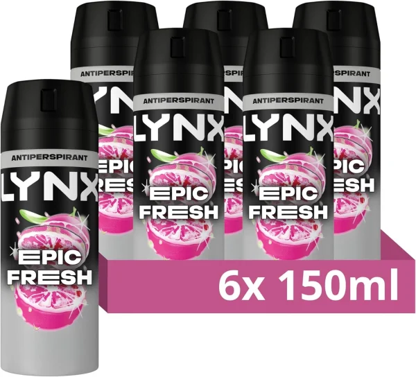 Lynx Epic Fresh Deodorant Body Spray 150ml Pack of 6 Grapefruit Pineapple